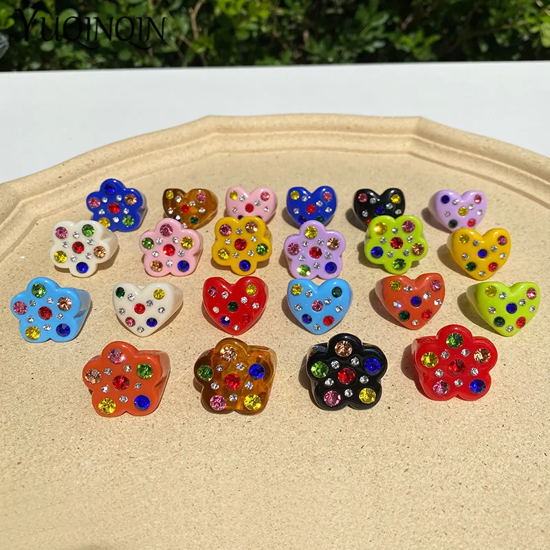 New Colorful Rhinestone Heart Rings Girls Geometric Flower Resin Acrylic Crystal Ring for Women Fashion Jewelry Party Gifts