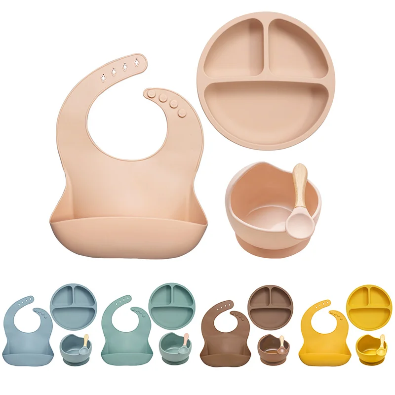 Baby Feeding Bowl Set Silicone Bibs non-slip Baby Silicone Tableware BPA Free Silicone Chewing Food Grade Newborn Accessories