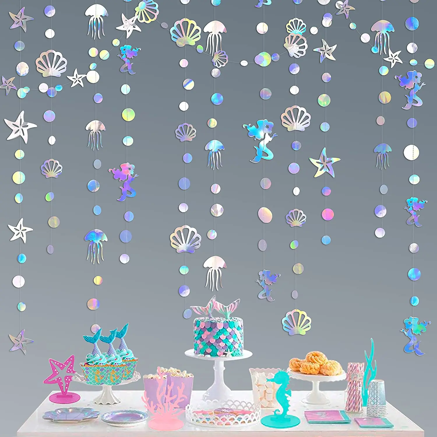 

Iridescent Mermaid Bubble Garlands Jellyfish Seashell Starfish Holographic Paper Streamer for Under The Sea Birthday Party Decor