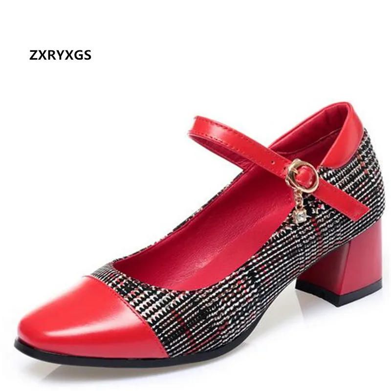 Hot Promotion Top Cowhide Spell Colors Genuine Leather Shoes Women High Heeled Shoes 2023 New Autumn Fashion Elegant Women Shoes