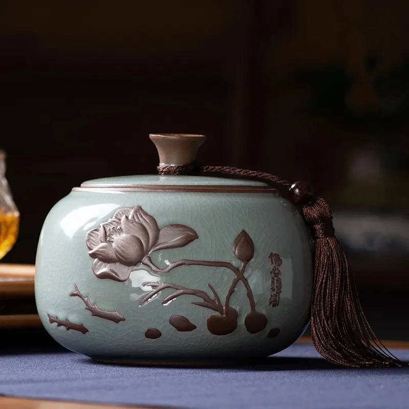 

Chinese Style Ceramic Tea Caddy Handmade Embossed Storage Tank Household Moisture-proof Sealed Tea Can Food Can Dried Fruit Jar