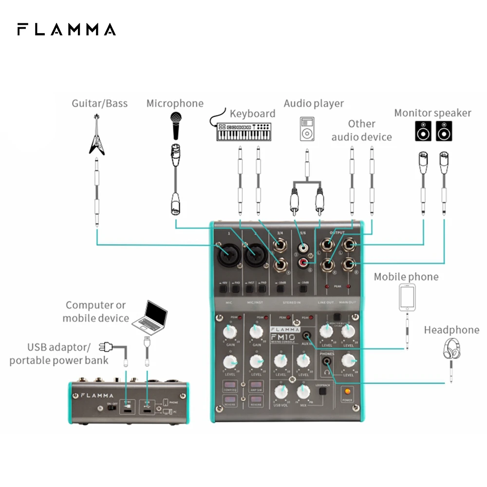 Flamma fm10 digital audio mixer 6 canais de mistura console placa de som interface usb 48v energia fantasma para gravação de computador fluxo ao vivo