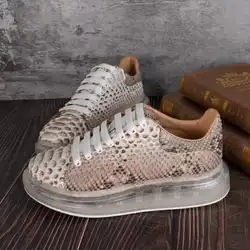 Real Genuine python skin snake leather men fashion shoe sneaker flat leisure shoe with cow skin lining beige skin 2020 new shoe