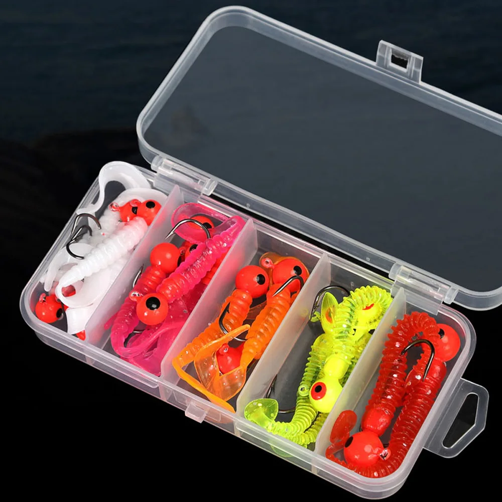 3D Eye Fishing Soft Lure Set 18pcs Silicone Baits with Lead Jig Head Fishhook Offset Hooks Worm Carp Sea Bass Fishing Tackle Kit