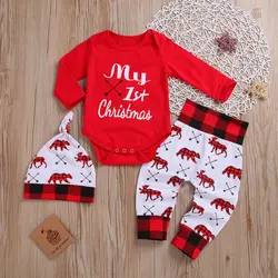 Schöne Baby Jungen Meine Erste Weihnachten Brief Strampler Kinder Hose Neugeborenen Hut Jungen Outfits Mädchen Weihnachten Set Herbst Kleidung 2PCS Set