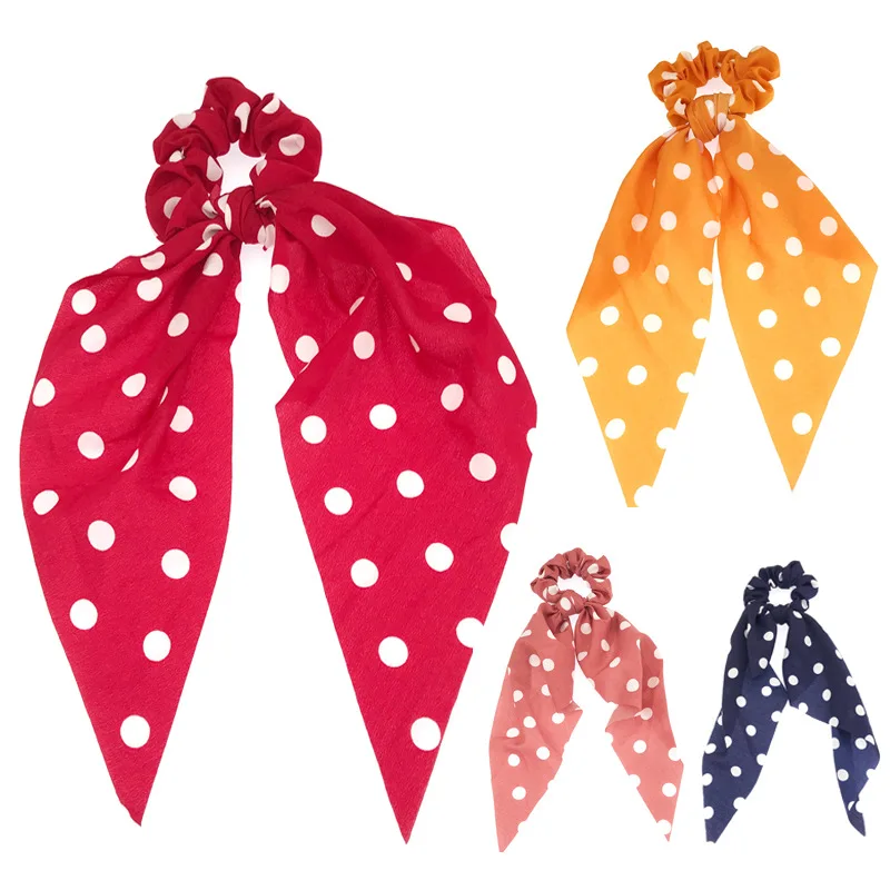 New Fashion Cloth chiffon Dot Streamers Scrunchies Women Hair Scarf Elastic Bow Hair Girls Hair Accessories