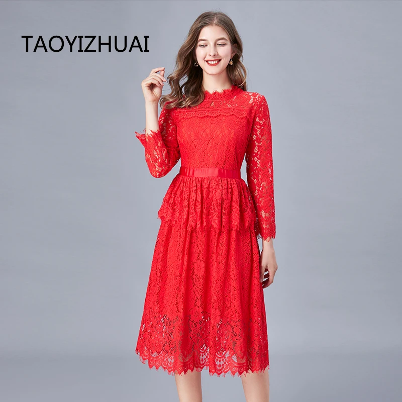 New lace dress fat sister medium length plus size hollow sexy red versatile bridal dress