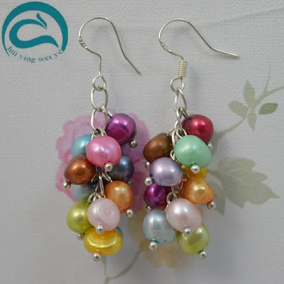 Unique Women Pearl Jewelry AAA 7-8MM Baroque Genuine Freshwater Multicolor Handmade 925 Stering Silvers Dangle Earrings New