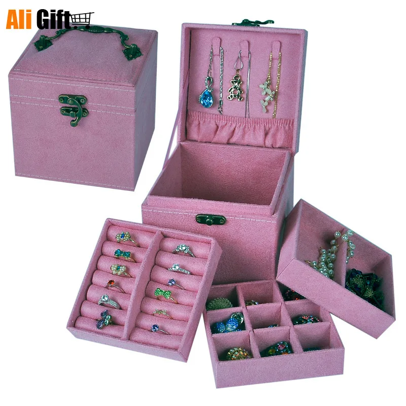 Velvet Three-story Princess Jewelry Box Ring Necklace Bracelet Earring Jewelry Display Belt Cover Jewelry Box Dressing Case