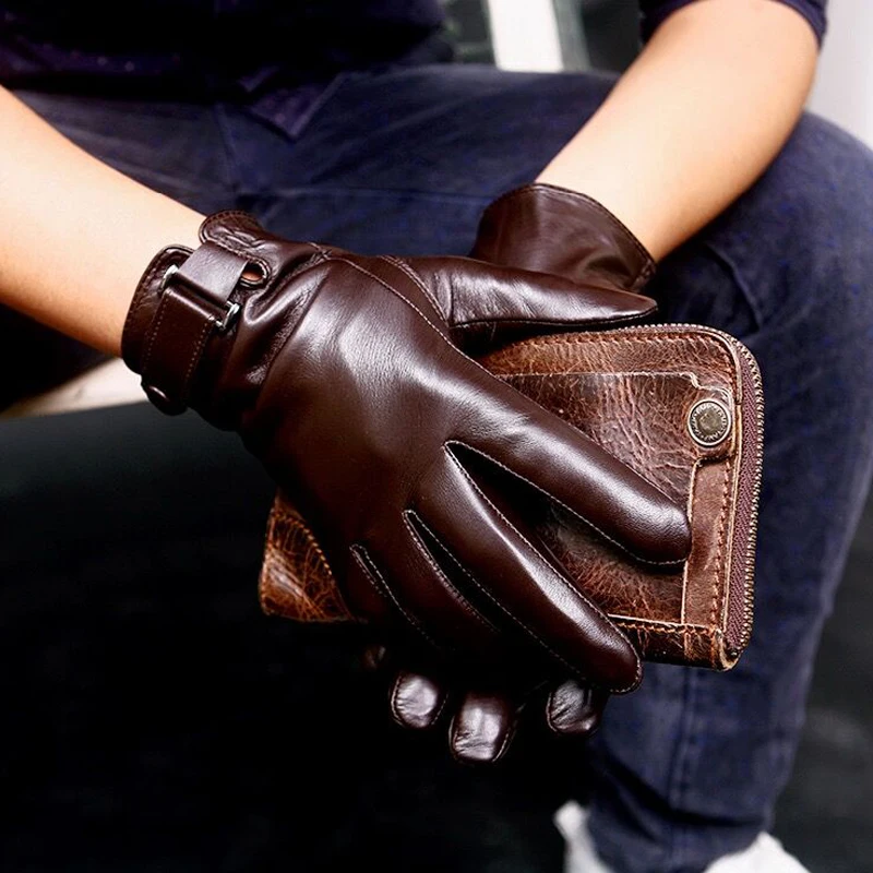 Man Genuine Leather Button Black Thick/Thin Gloves Male Commercial Business meeting MC Host Driving Suede Luvas