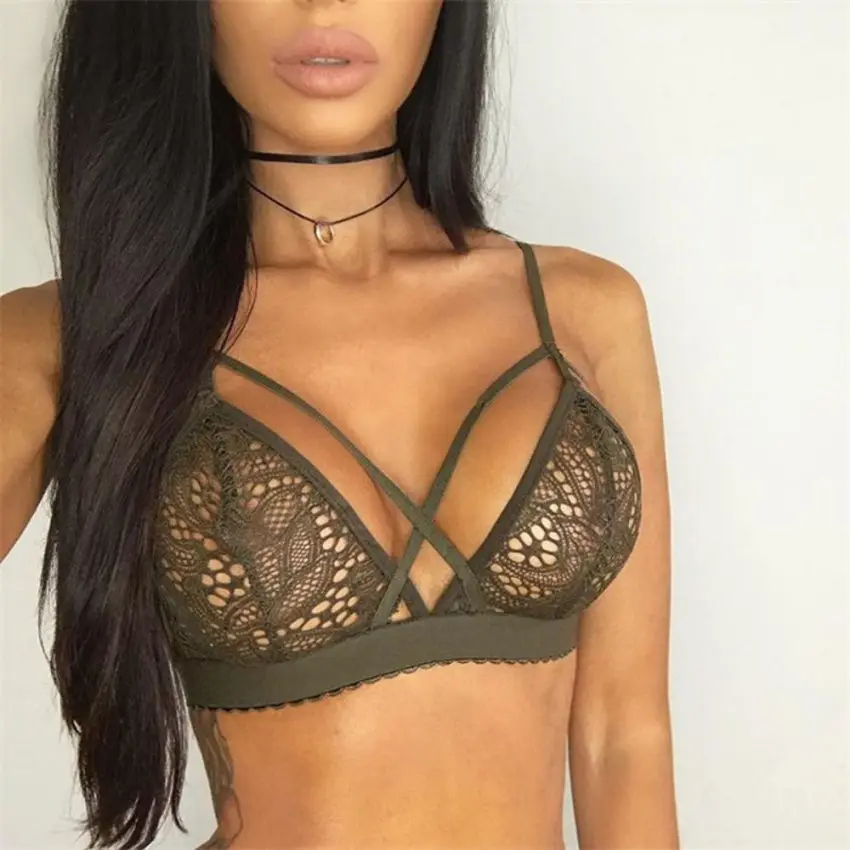 Women Sexy Crossing Bandage Crop Tops Floral Sheer Lace Bra Top Seamless Black Bralette Wireless bustier Tank Top Camis