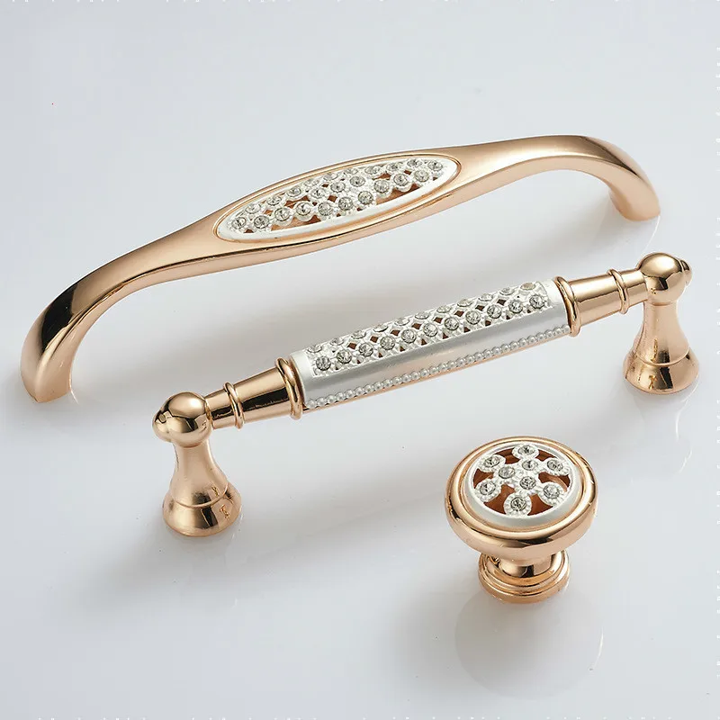 Champagne Gold Door Handles With Diamond Luxury Zinc Alloy Cabinet Drawer Knobs European Wardrobe Furniture Pulls Hardware