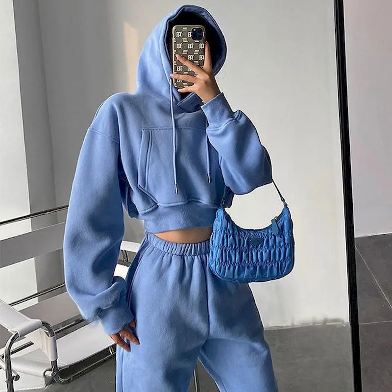 European American Treet Hooded Short Pocket Plus Fleece Hoodies Korean High Waist Loose Foot Trousers Two Piece Set Womens Set