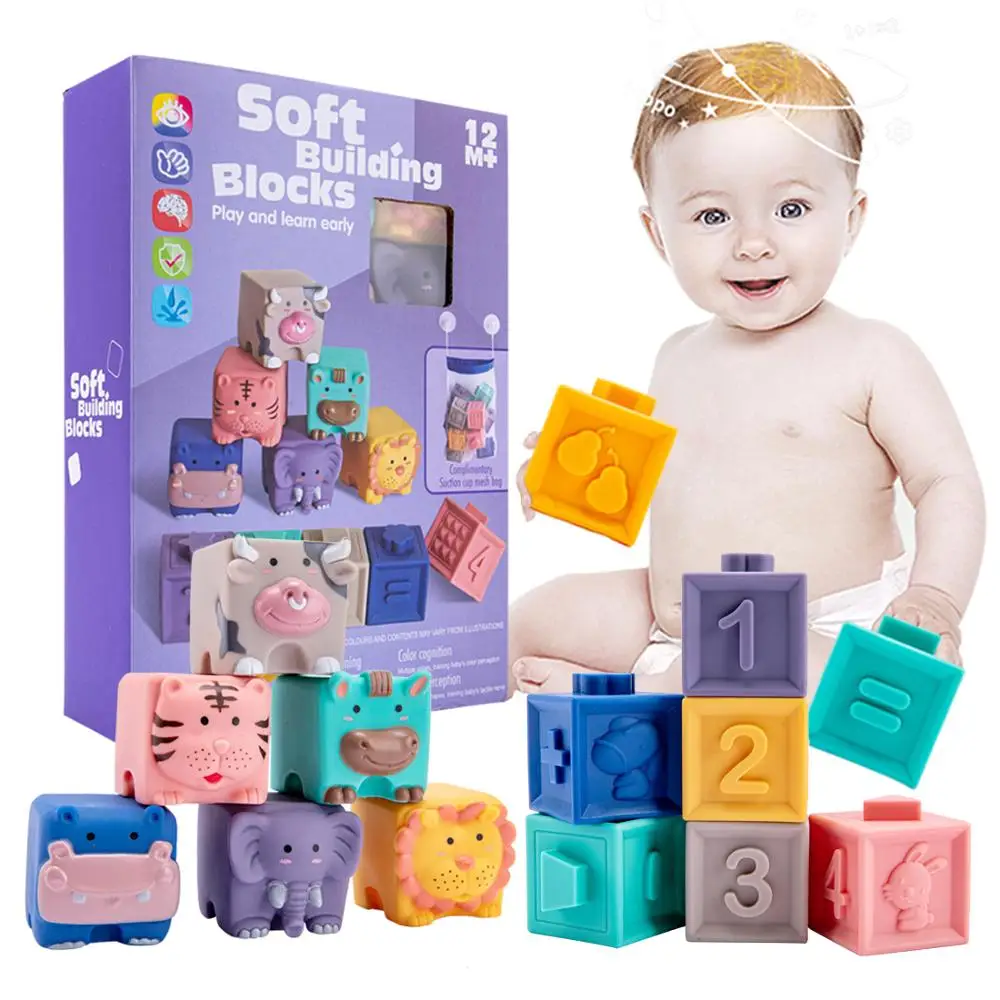 12pcs Baby Sensory Toys Building Silicone Blocks Grasp Toy 3D Silicone Building Blocks Soft Ball Kid Rubber Bath Cube Baby Toy