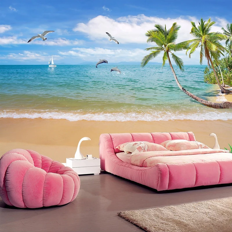 Paper Peint Mural Dolphin Coconut Tree Wallpaper Summer Seascape Sandy Beach Poster Wall Painting Living Room Bedroom Photo