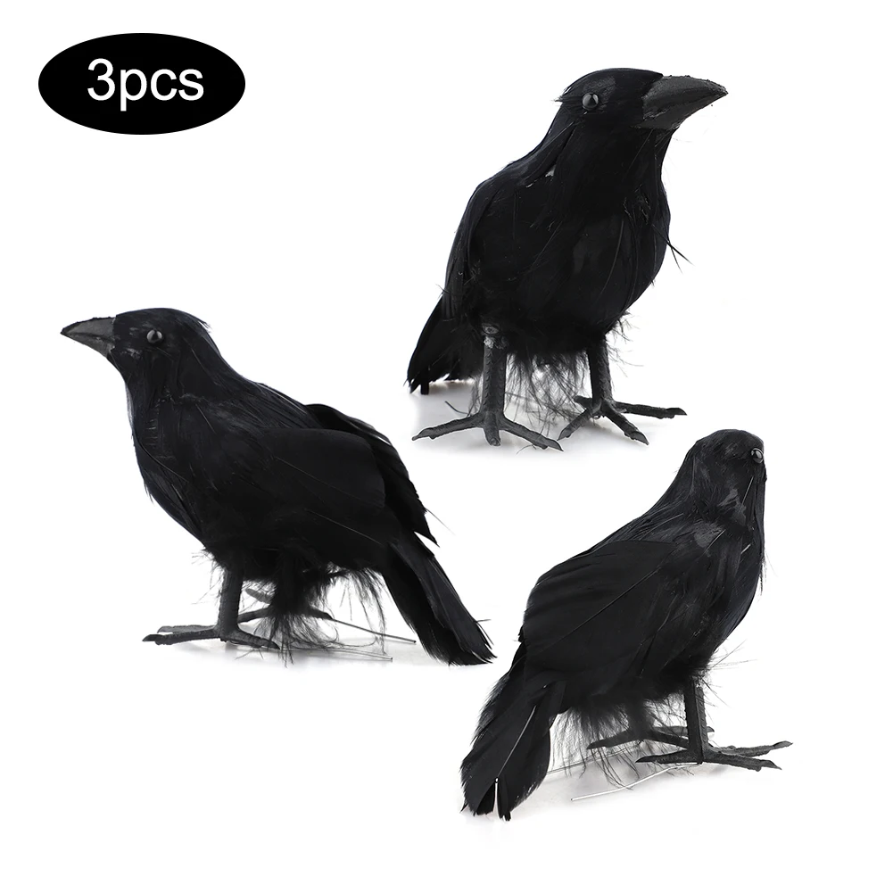 3Pcs Artificial Crow Black Feather Birds Xmas Wedding Decor Christmas Tree Hanging Craft Ornament Halloween Home Decoration