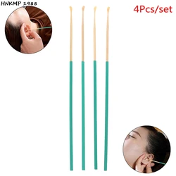 4Pcs Bamboo Wooden Ear Cleaner Spoon Anti-Skid Green Rubber Handle Earpick Earwax Removal With Soft Silicone Cover Head Ear Care