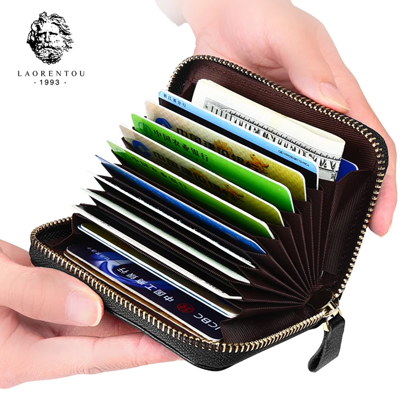 LAORENTOU Men Standard Short Wallet Genuine Leather High Quality Zipper Credit Card Holder Business Simple Coin Purse For Male