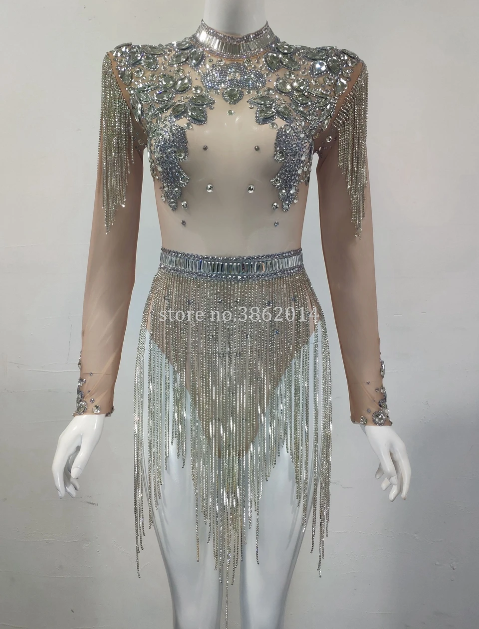 

Shining Big Crystals Mesh Sexy Bodysuit Sparkly Rhinestones Fringes Party Nightclub Outfit Singer Stage Performance Dance Costum