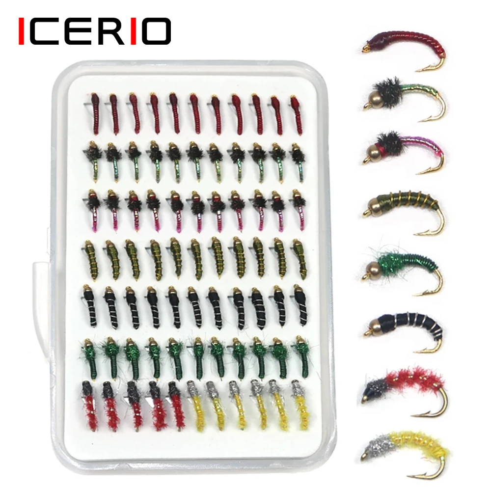 ICERIO 77pcs/set Portable Boxed Nymph Scud Midge Flies Trout Fly Fishing Lure Baits