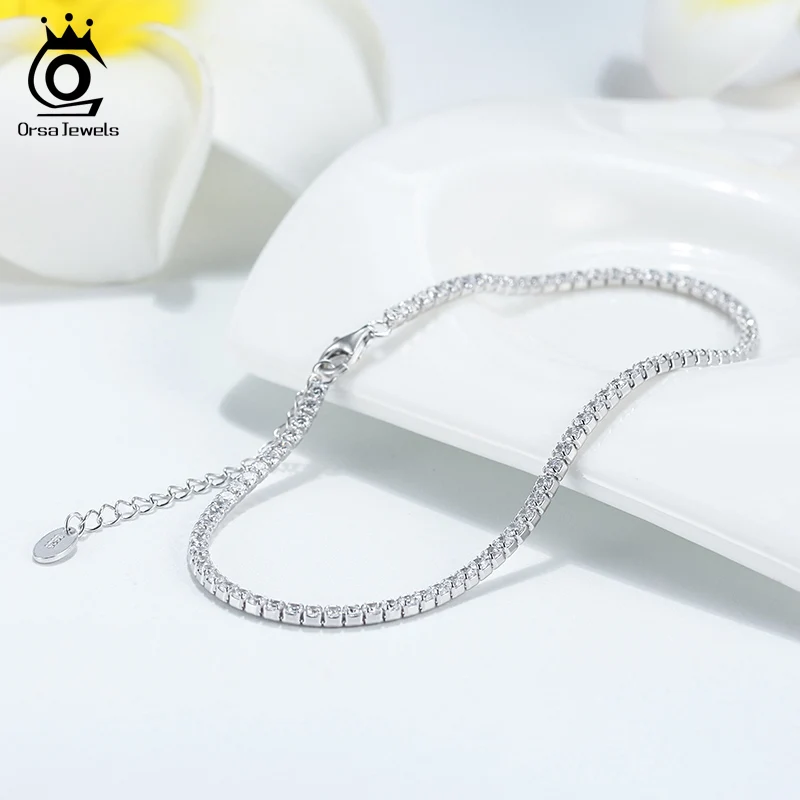 ORSA JEWELS Real 925 Silver Adjustable Tennis Anklets Bracelet with Full Paved Rhinestone for Women Barefoot Jewelry Gift SA03