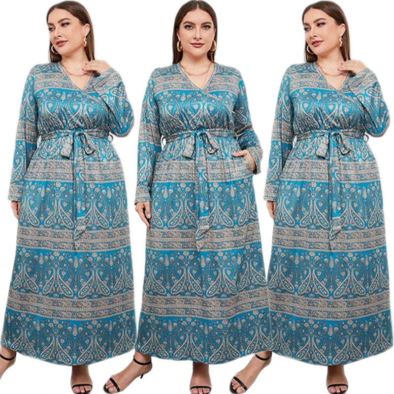 

Kaftan Ethnic Muslim Women Printed Long Dress Loose Casual V-neck Long Sleeve Spring Autumn Maxi Robe Arabic Abaya Islam Ramadan