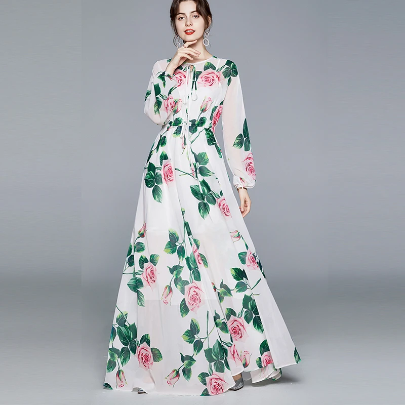 

Banulin Summer Fashion Runway Boho Maxi Dresses Women's Long Sleeve Rose Flowers Print Elastic Waist Holiday Elegant Long Dress