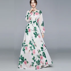 Banulin Summer Fashion Runway Boho Maxi Dresses Women's Long Sleeve Rose Flowers Print Elastic Waist Holiday Elegant Long Dress