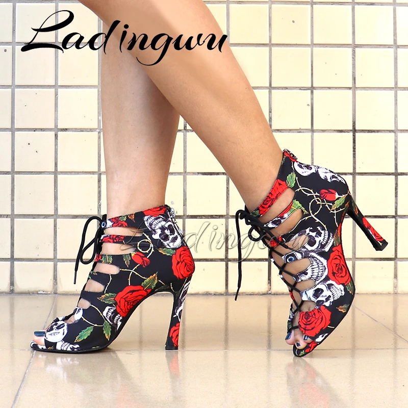 

Ladingwu Professional Ballroom Dance Shoes Ladys Holloween Skull Salsa Dance Shoes Denim doodle 10cm Heeled Women Latin Dance Bo