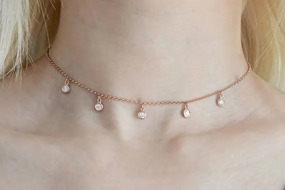 2017 high quality bezel 3mm cz charm drop 925 sterling silver 35+10cm extend chain choker silver charm necklace