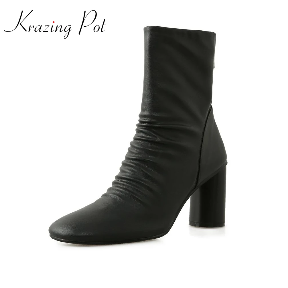 

Krazing Pot Microfiber Round Toe Zip Basic Clothing Thick High Heels Wedding Sexy Banquet Office Lady Street Wear Ankle Boots