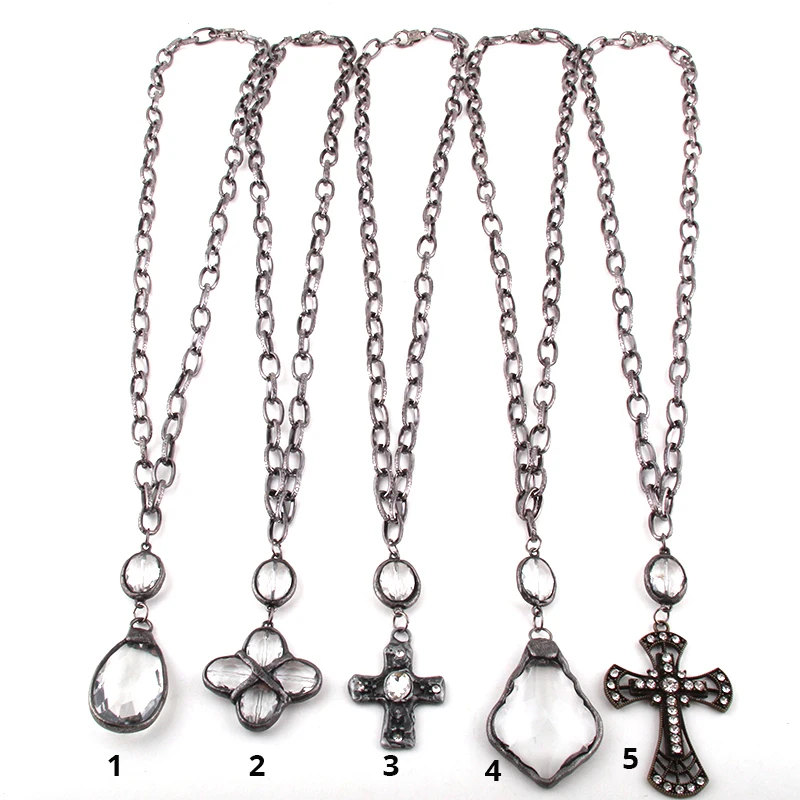 Fashion Bohemian Jewelry Black Gun Plated Chain Glass Pendant Solider Cross Necklaces