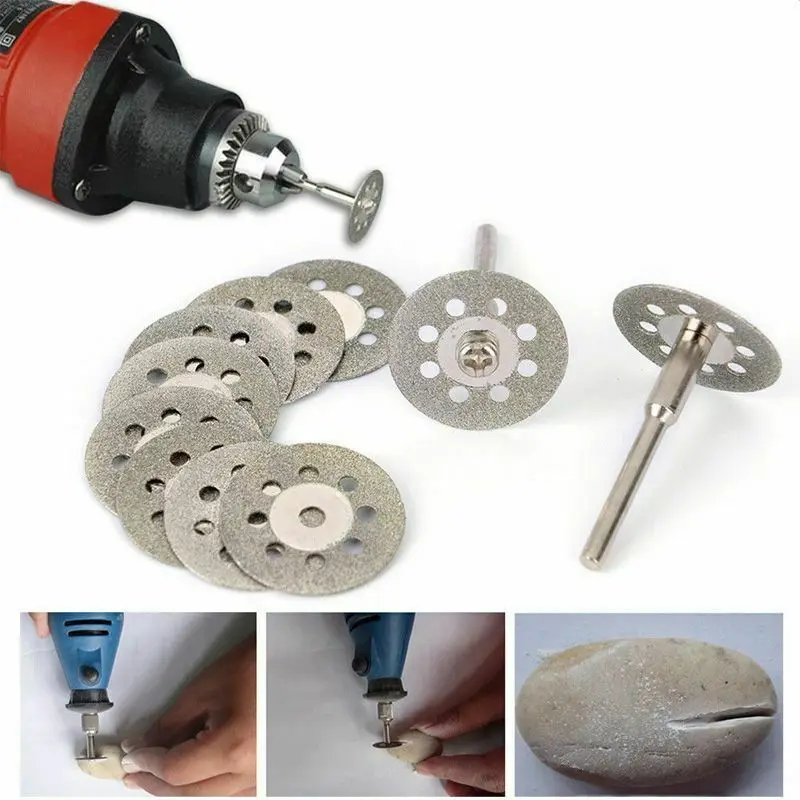 Nuova vendita calda 10Pcs 22mm Mini Sharp Diamond Cut Off disco da taglio utensile rotante dischi strumenti fai da te accessori per Dremel con asta da 2 pezzi