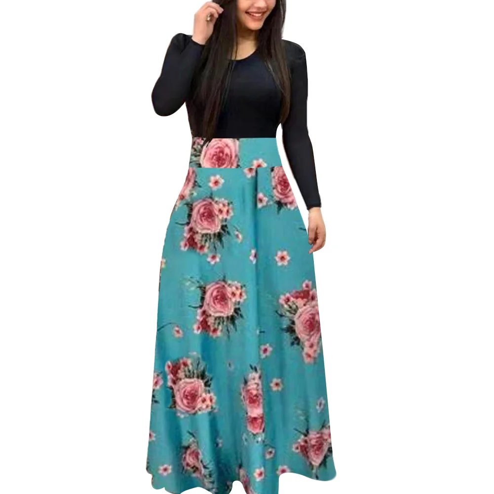 Đảng Nữ Hoa Da Báo Miếng Dán Cường Lực Tay Dài Lớn Swing Maxi Đầm Áo Dây Đầm Thanh Lịch Nữ Vestidos