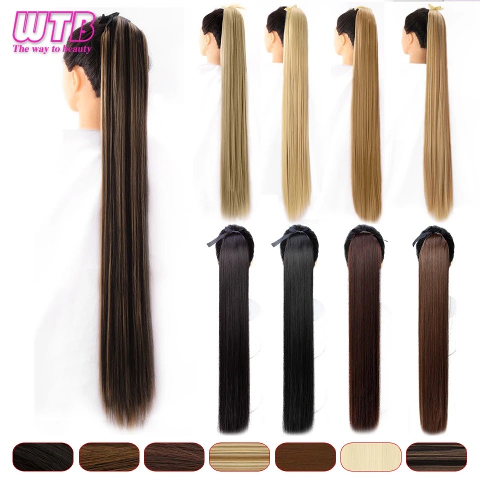 Wtb sintético longo seda reta cordão rabo de cavalo hairpieces para as mulheres grampo na cauda do cabelo extensões de cabelo falso 80cm