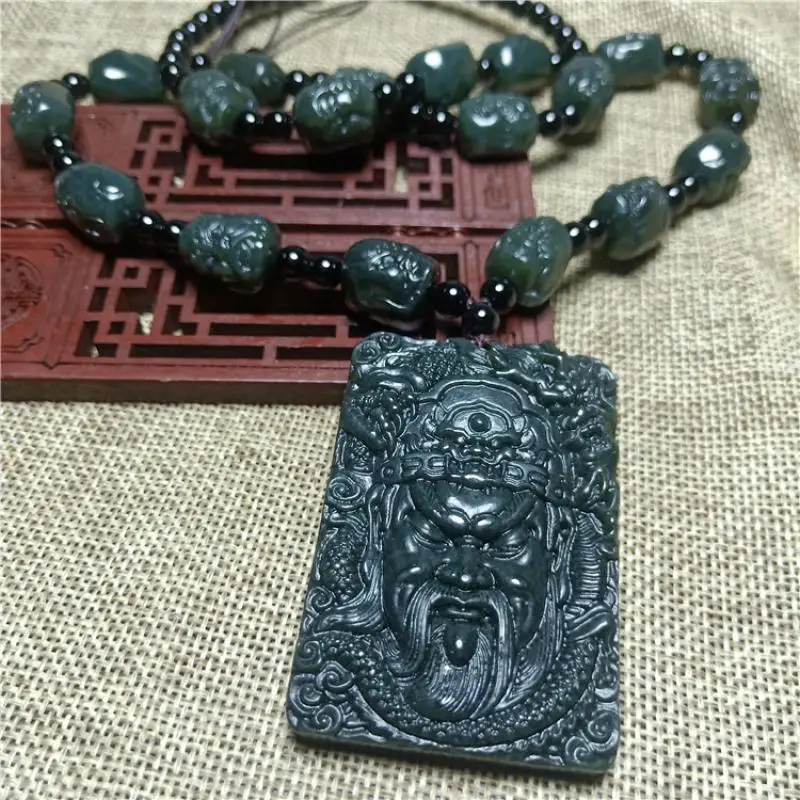 Xinjiang Hetian Jade Green Jade Buddhism Eighteen Arhats Necklace Pendant Carved Guan Gong Men's and Women's Sweater Chain Gift