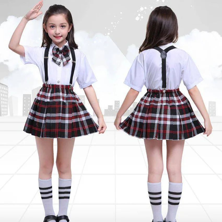 2022 schooluniformen voor kinderen kinderen kleding sets tops + rok + riem tiener meisjes plaid student jongens koor kostuums 100-170cm