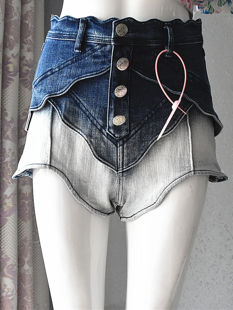TWOTWINSTYLE Ombre Denim Shorts For Women High Waist Single Breasted Patchwork Ruffle Trim Loose Short Pant Female 2022 Summer