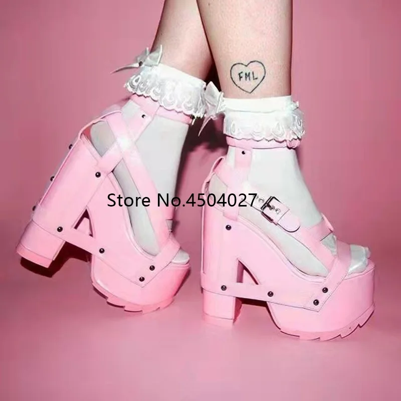 Pink Wedge Heels Ankle Strap Shoes For Women Platform High-heeled Sandals Buckle Cut-outs Summer Shoes Sale