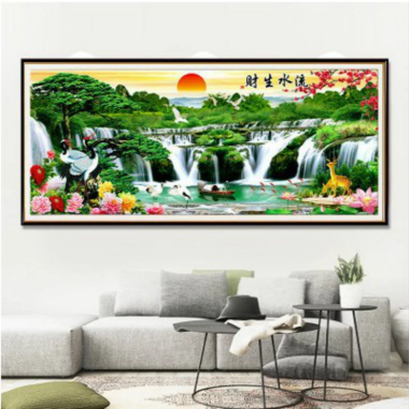 Diamond Embroidery Mosaic Painting Cross Stitch Full Sunrise Guest Pine Red-crowned Crane Rich Peony Running Water DIY 5D Gift