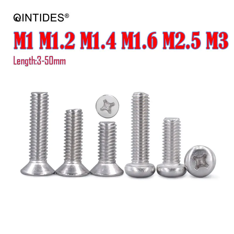 500/5000Pcs M1 M1.2 M1.4 M1.6 M2 M2.5 M3 Small Flat Screws 304 Stainless Steel Cross Recessed Pan Head Screws Phillips Screws