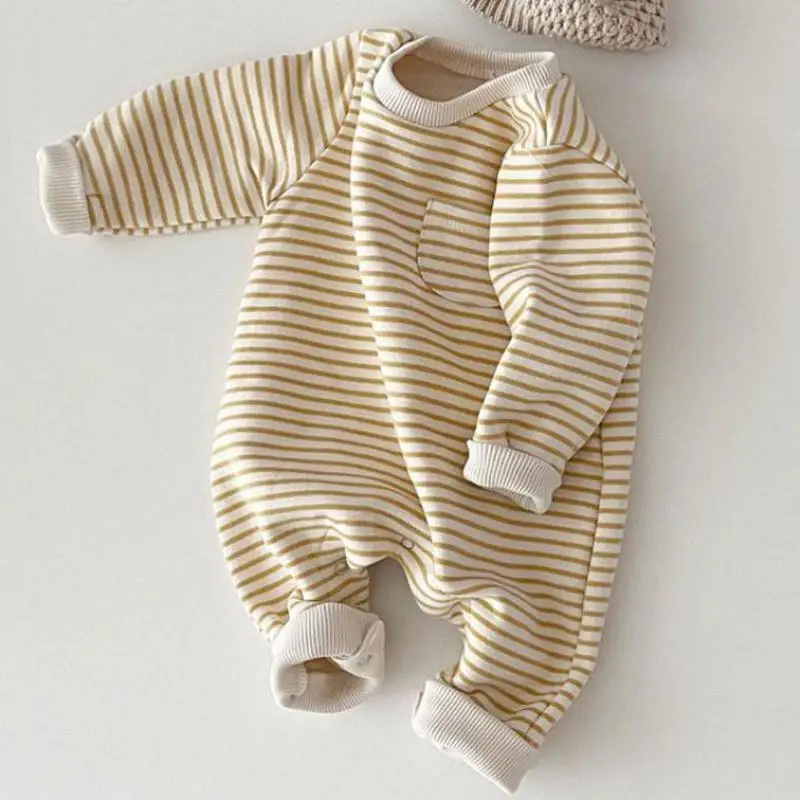 Newborn Baby Striped Romper Spring Infant Boys Girls Casual Jumpsuit Toddler Kids Fleece One-piece Babies Warm Winter Clothes