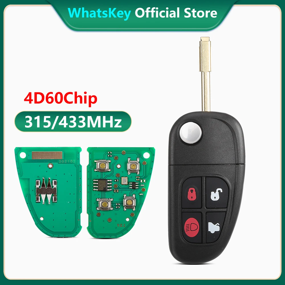 WhatsKey-Remplacement de clé à distance de voiture pliable, lame non coupée, type X, type S, XJ, XJR, 4 boutons, puce 4D60, 315 MHz, 433MHz, FO21