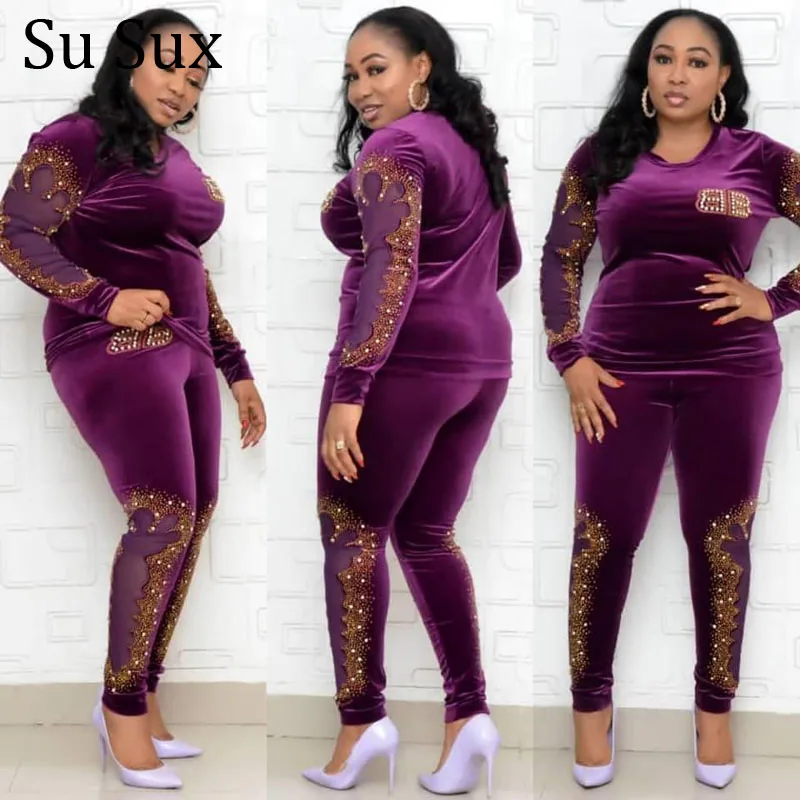 Winter Velvet 2 Piece Sets Tracksuit Women Outfits Fashion O Neck Long Sleeve Top and Pencil Pants Set Elastic Vestidos African