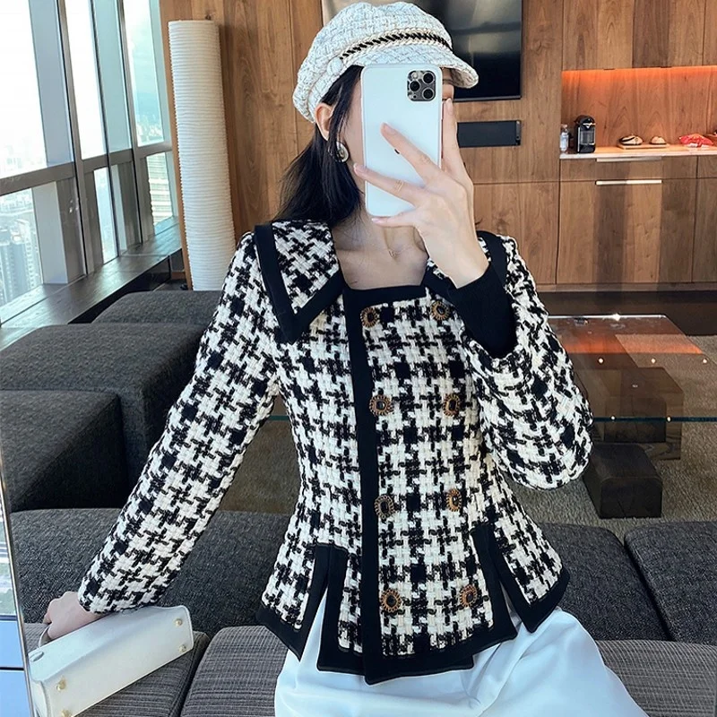 

Tweed Sweet Jacket Womens Autumn Winter Fashion Slim Short O-Neck Single Breasted Plaid Spliced Vintage Female Outerwear