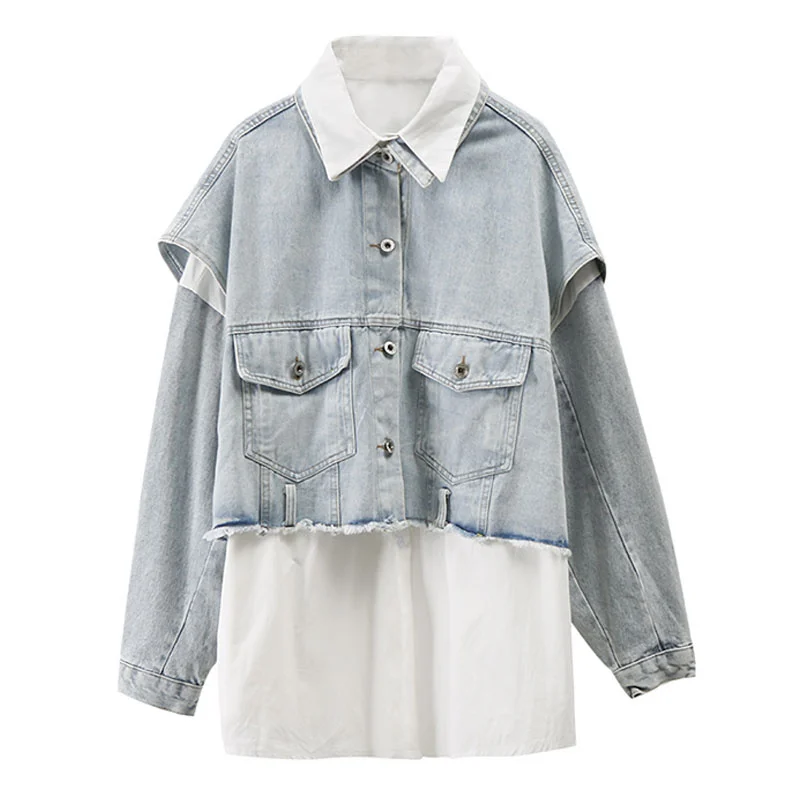 2022 Spring Autumn Long Sleeve Stitching Design Trendy Women Shirt+sleeveless All-match Denim Jacket 2 Piece Set Casual NZY158