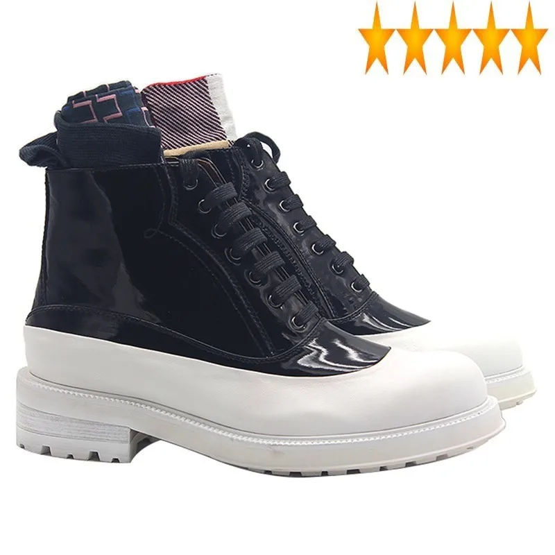 

Oxford Black White Panelled Men Lace Up Cow Leather Boots Work High-Top Shoes Thick Bottom British Cowboy Botas