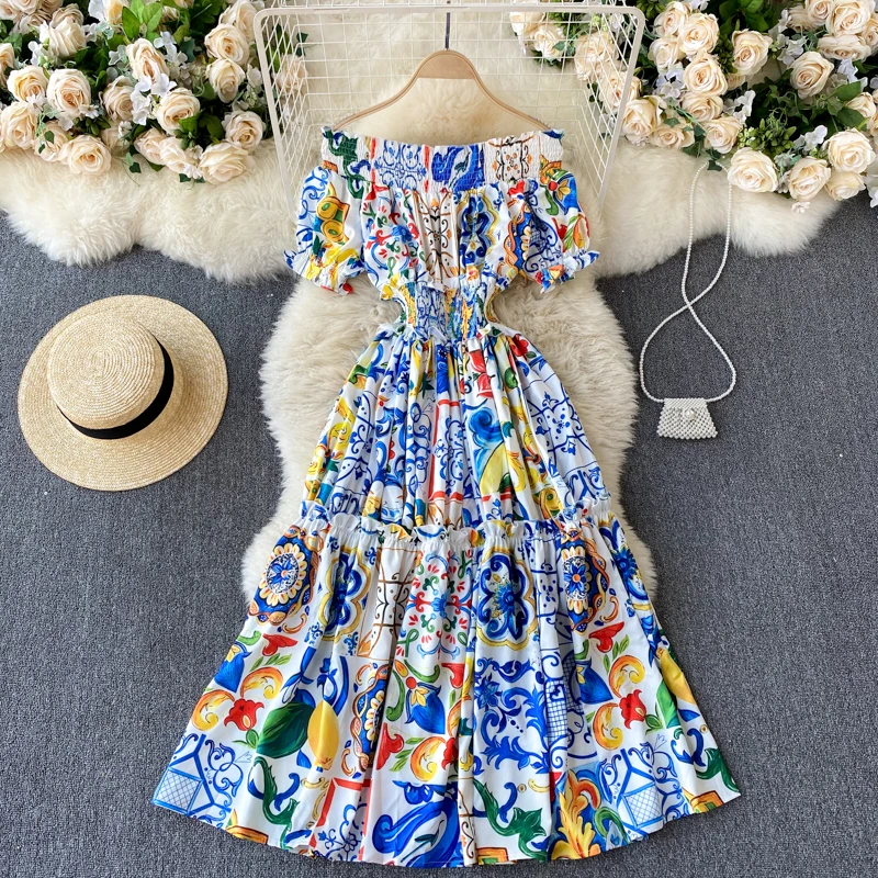 2022 Runway Fashion Summer Dress Women Elegant Slash Neck Puff Sleeve Elastic Waist Robe Vintage Flower Print Midi Dress M7218#