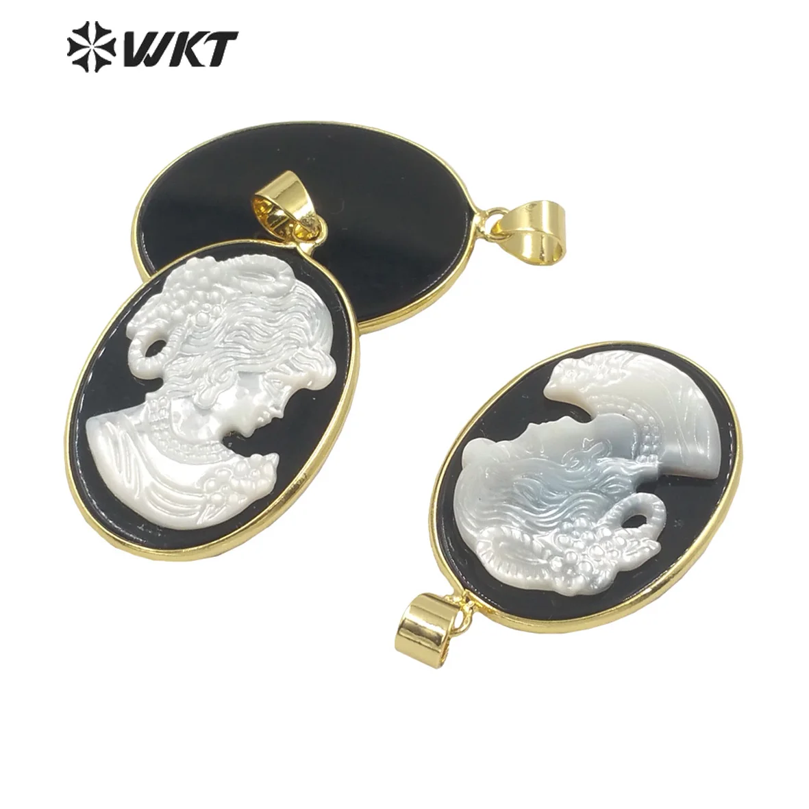 WT-JP268 New design oval Black agates back ground with Beauty image pendant Gorgeous hand carve gold bezel Beauty pendant