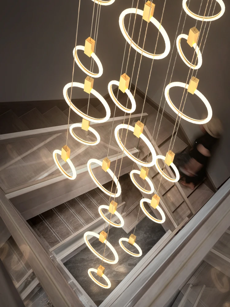 Imagem -05 - Modern Stairs Teto Chandelier Iluminação Led Interior Anel Acrílico Home Decor Lâmpadas Salão Nórdico Luzes Suspensas Preto Dourado